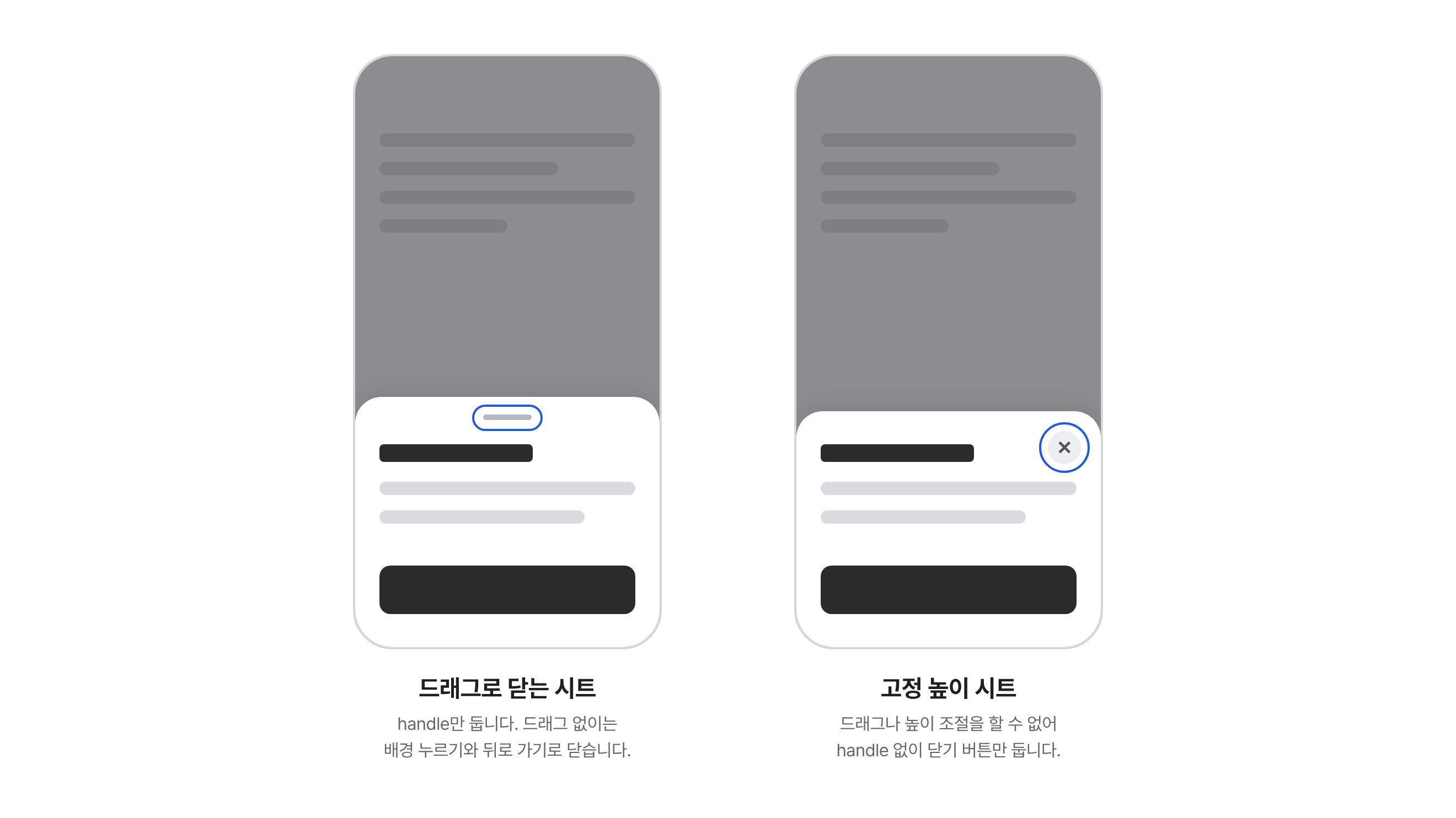 두 시트를 비교한 그림. 왼쪽은 드래그로 닫을 수 있는 시트로, 맨 위에 handle만 있다. 오른쪽은 고정되어 있어서 드래그나 높이 조절을 할 수 없는 시트로, handle 없이 오른쪽 위에 닫기 버튼만 있다